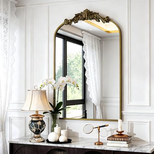 Dewfig Antique Arched Wall Mirror, 24"x36" Vintage Bronze Bathroom Mirror