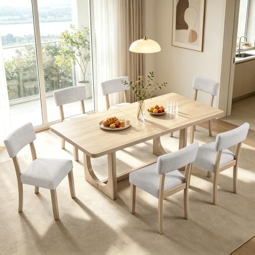 Image of KEIKI 7-Piece Standard Height Dining Table Set with Rectangular Table, 6 Upholstered Curved Backrset Chair, for 6 Person, Modern Style Table Set, Easy Assembly, for Kitchen, Dining Room, Light Oak