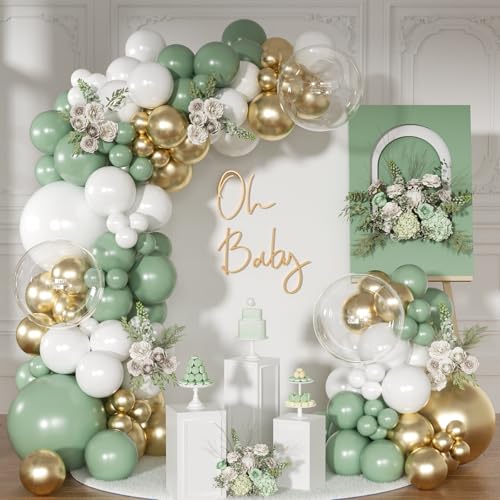NUTTYBASH Sage Green Balloon Arch Kit 126 Pcs Neutral Green and White Metallic Gold Balloon Arch Garland Kit for Wedding Birthday Baby Shower Gender Reveal Bridal Decorations