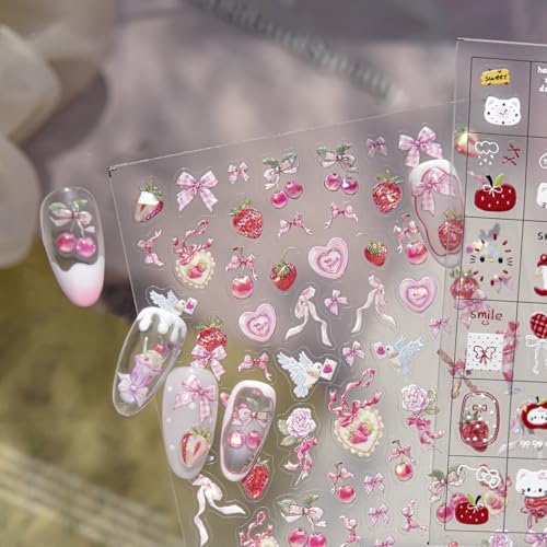 Image of Pink Nail Stickers Decals Bow Heart Nail Art Stickers with Strawberry Cherry Design 5D Embossed Self Adhesive Cute Nails Charms for Women Girls Manicure Decoration Accessories