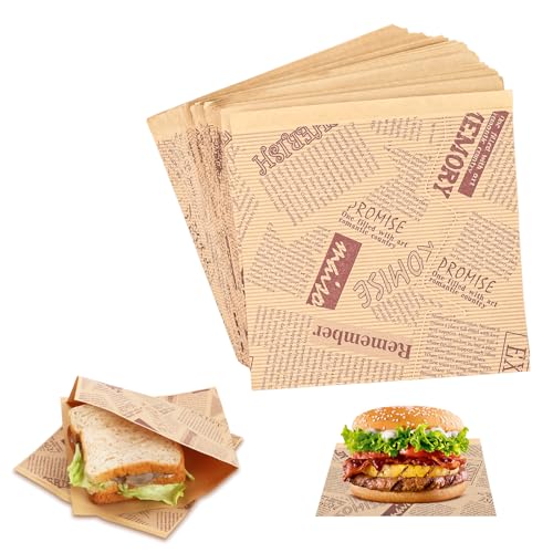 Culinavog 150 Feuilles Papier Emballage Alimentaire, 15x15 cm Papier Alimentaire Résistant à la Graisse Journal Rétro, Sachet pour Sandwich, Frites, Burger,...