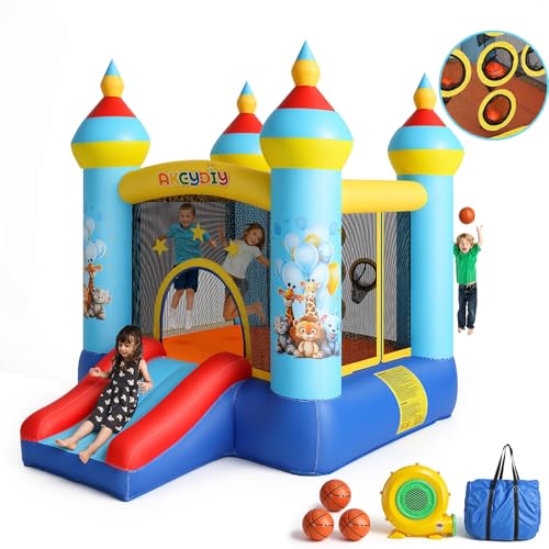 AKEYDIY Castillo Hinchable con tobogán, 270 x 210 x 180 cm, Castillo Hinchable para niños de 3 a 8 años, diseño de Animales de la Selva, Interior/Exterior (Azul)