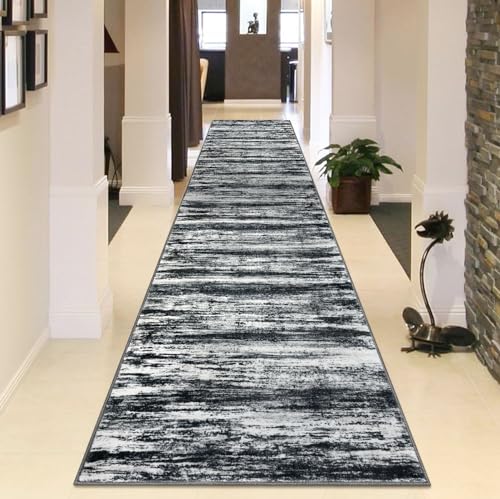 KOZYFLY Modern Abstract Washable Rug Runner 2.6x14 Hallway Rug Runner Non-Slip Soft Kitchen Runner Rugs, Black Navy Blue Grey Striped Carpet for Entryway Bathroom Laundry Room Foyer