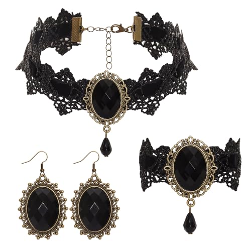 Heliltd 3Pcs Gothic Chokers Necklace Vampire Necklace for Women Lace Gothic Chokers with Bracelet Earrings Set for Halloween Punk Halloween Costume Party