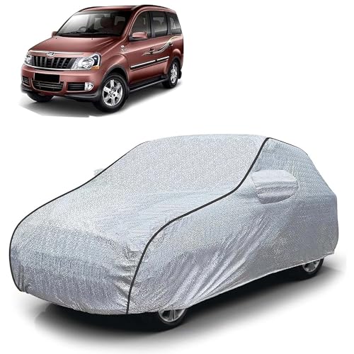 Image of Sulfar 100% Waterproof Car Body Cover Compatible with Mirror for Mahindra Xylo (Triple Stitched, Full Bottom Elastic, Magic Silver with Black Piping)