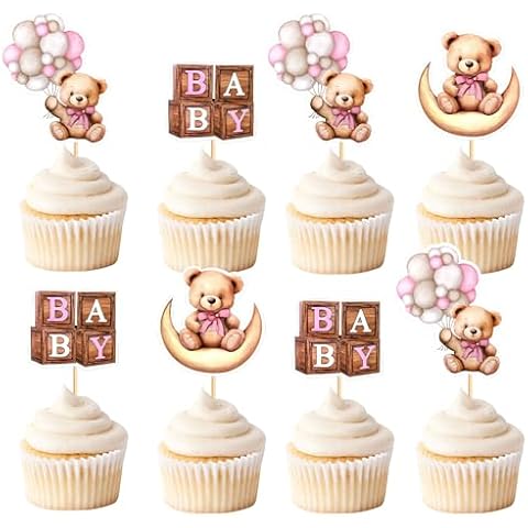Cyodoos 36 PCS Baby Shower Bear Cupcake Toppers Selection Baby Bear Theme Baby Shower Decorative Supplies Jungle Animal Theme Baby Shower Birthday Party Cake Decorative Supplies pink Cover