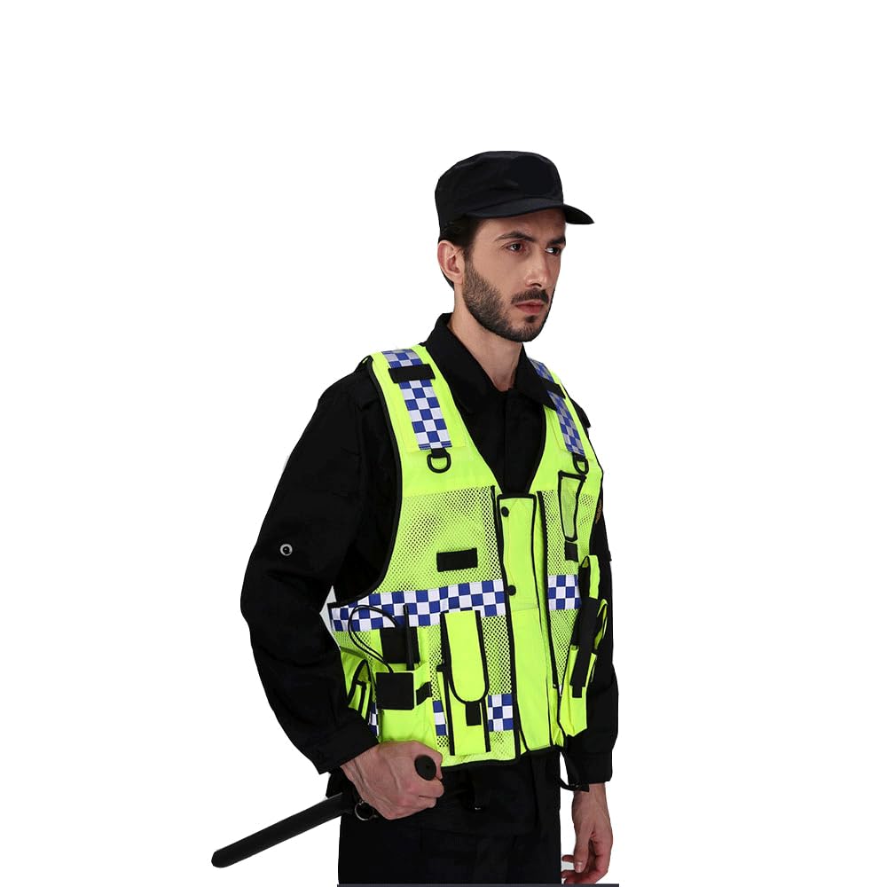 Gilet di sicurezza a maglia ad alta visibilità con tasche multiple, regolabile, Gilet di sicurezza per la polizia di traffico con strisce riflettenti, Giallo