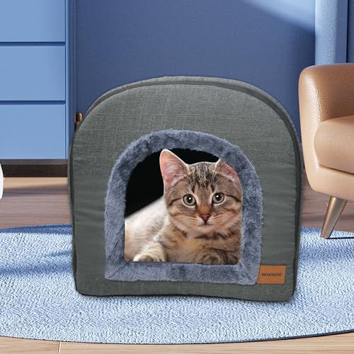 Whiwhi Katzenhöhle für Drinnen Katzen Höhlenbett mit Plüsch Katzenkissen Schlafhaus Haustierhaus Faltbares Hundehöhle 45x35x35cm(Dunkelgrau)