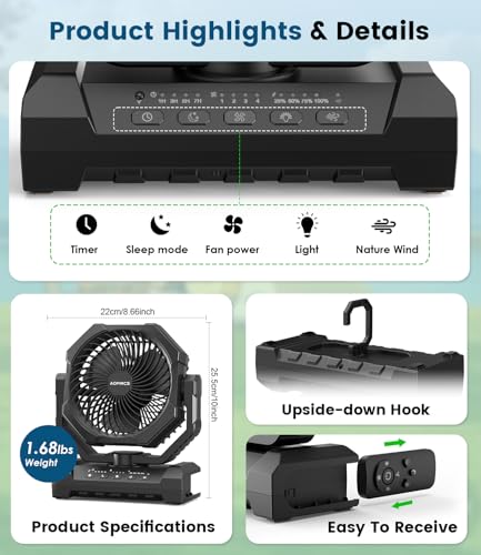 Rechargeable Camping Fan with 60-Hour Battery Life - 4 Speed Settings, 3 Light Modes, Timer, and Portable Design for Outdoor Adventures - Image 9