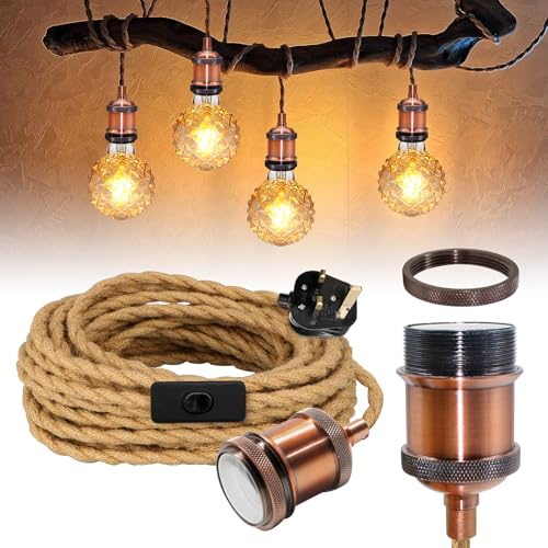 Retro Hemp Rope Lamp with 510 cm Lamp Cable with Plug and Switch, Rose Gold Brass Pendant Light Fitting, Industrial Plug in Hanging Light Fixture, E27 Bulb Holder,for Bedroom Kitchen, No Bulb