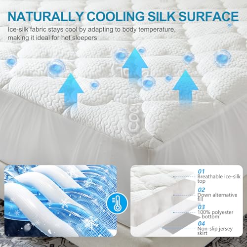 GOLDBOVER Mattress Topper Queen, Ultra Thin Soft Quilted Fitted Mattress Pad Cooling Mattress Cover with Down Alternative Filling Noiseless & Breathable (8-21”Deep Pocket) - image 3
