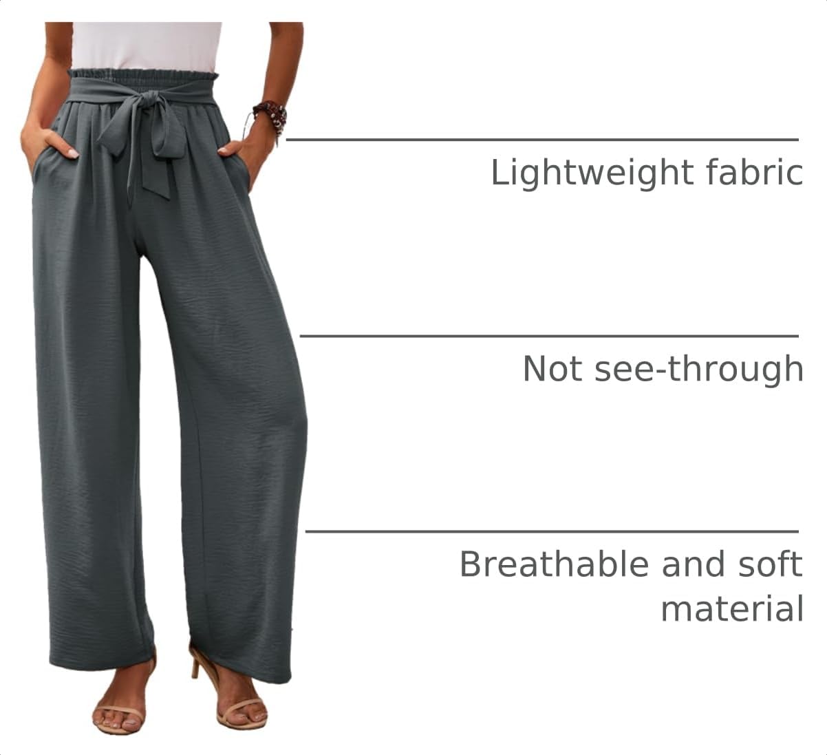  Women's Wide Leg Lounge Pants Lightweight High Waisted Adjustable Tie Knot Loose Fit Trousers with Pockets thumbnail
