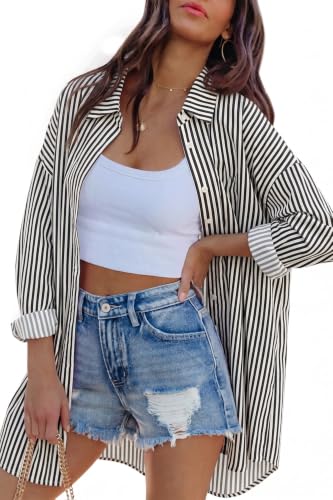 Image of FSHAOES Womens Oversized Button Down Shirts Casual Loose Long Sleeve Solid Lapel Long Blouses Tops with Pockets