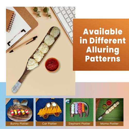 Image of Wooden Platters| Rosewood Serving Trays| Rosewood Momo Platter with Shell-Decorated Handle| Handcrafted Decorative Trays for Serving Snacks Fruits Desserts