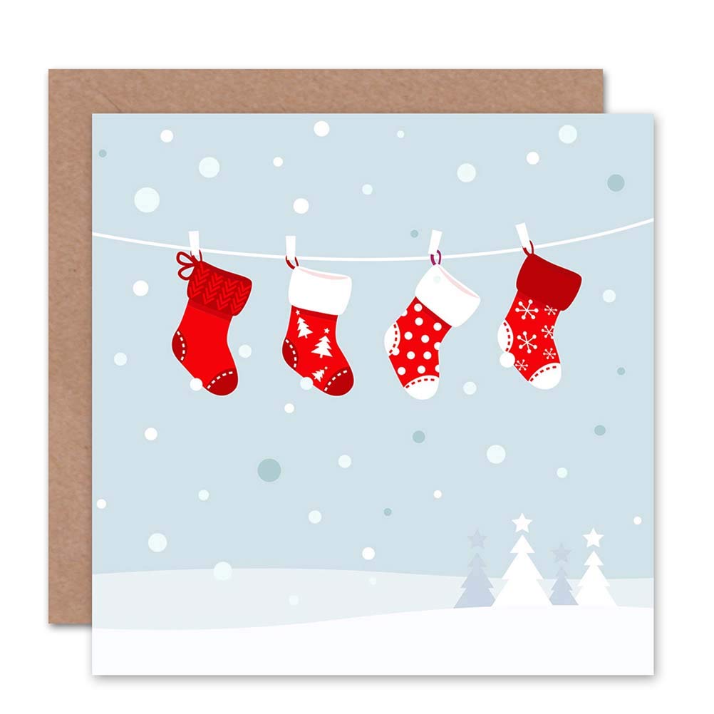 Wee Blue Coo Christmas Stockings Snow Trees Blank Greetings Card Art