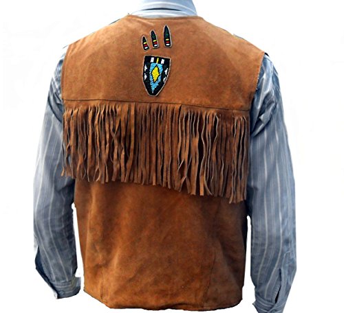 Men's Big Indian Western Leather Vest Fringed & Beaded Brown 5X-Large3