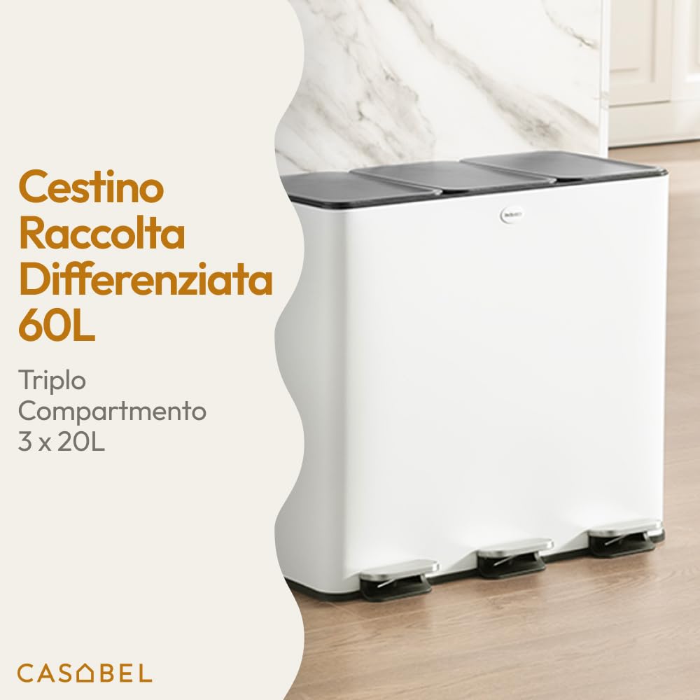 CASABEL Pattumiera da cucina tripla 3x20L, acciaio inox, bianco | Triplo scomparto, Raccolta differenziata, 3 pedali, Coperchi ermetici, Antimpronta, Secchi removibili, Facile manutenzione