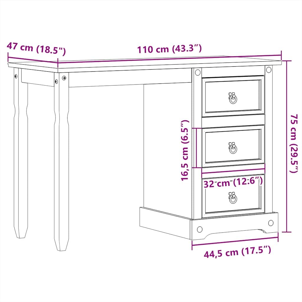 Toaletka z litego drewna sosnowego, 110 x 47 x 75 cm, z 3 szufladami i metalowymi uchwytami, miejsce do przechowywania kosmetyków, wszechstronne zastosowanie jako biurko, rustykalny wygląd
