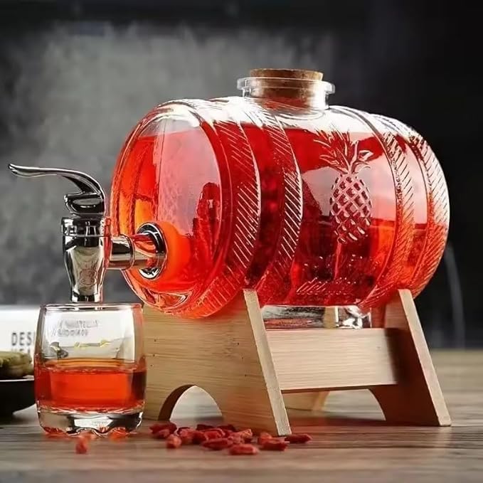 Image of 3L Glass Beverage Dispenser Barrel with Wooden Stand & Leakproof Tap | Premium Drink Server for Juice, Water, Wine, Cocktails & Iced Tea | Ideal for Home, Parties & Camping
