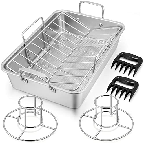 15¼" Roasting Pan with Rack, 7 PCS P&P CHEF Stainless Steel Roaster Lasagna Pan with Cooling Flat & V-shaped Baking Rack, Grilling Chicken Holder, Meat Shredding Claws, Dishwasher & Oven Safe