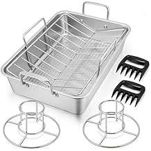 16" Roasting Pan with Rack, 7 PCS P&P CHEF Stainless Steel Turkey Roaster Lasagna Pan with Cooling Flat & V-shaped Baking Rack, Grilling Chicken Holder, Meat Shredding Claws, Dishwasher & Oven Safe