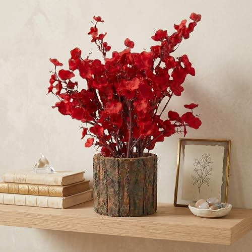 Image of Dekorly Artificial Red Baby's Breath Flower with Real Wooden Vase (28CM Overall Height) | Decorative Lifelike Faux Floral Plant in Rustic Tree Log Pot for Living Room(Red Baby's Breadth)