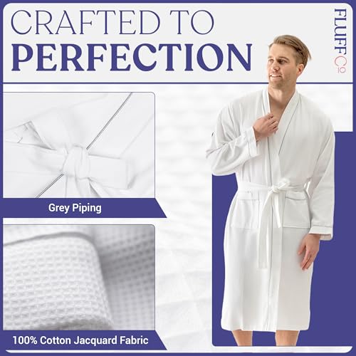 FluffCo Luxury Hotel Waffle Robe | Cotton Waffle Robes for Women & Men | Features Side Pockets & Waist-Tie Belt, White2