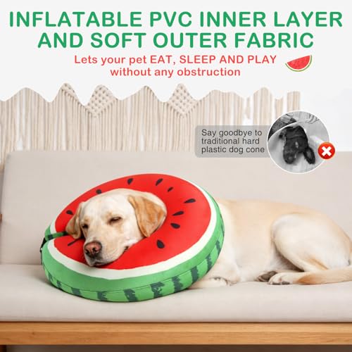 Image of SCENEREAL Dog Cone Alternative After Surgery Donut Collar, Soft Pet Recovery Pillow Collar for Medium Large Dogs, Inflatable Adjustable Neck Collars to Prevent Licking, Watermelon L