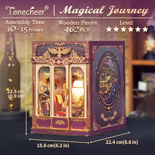 Image of Tonecheer DIY Book Nook Kit for Adults, Miniature Infinity Train Cabin Magical Vintage Carriage Model, Wooden 3D Puzzle Dollhouse Booknook Decorative Bookend Gifts (Magical Journey)