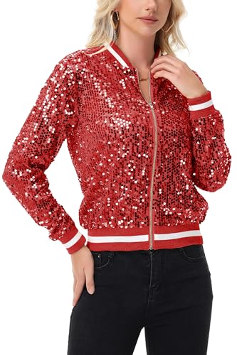 Anna-Kaci Women's Sparkly Sequin Jacket Long Sleeve Zipper Glitter Bomber Jacket Coat with Ribbed Stripe Cuff2