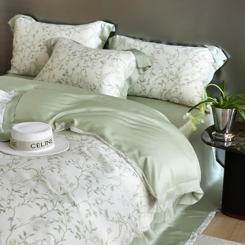 VM VOUGEMARKET Eucalyptus Lyocell Duvet Cover with 2 Pillow Shams,Vintage Garden Flower Bedding Set,Silky Soft, Cool-to-The-Touch Comforter Cover for Summer-King,Mint Green