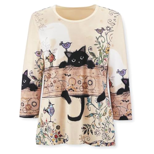Cute Kitty Shirt for Women with Shiny Rhinestones, Fun Cat Graphic Casual Top with 3/4 Sleeves