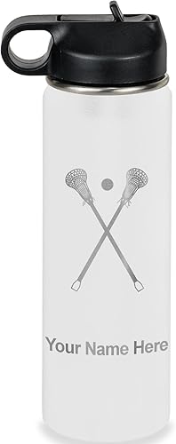 Vista 303 de LaserGram Botella de agua personalizada, palitos de lacrosse, acero inoxidable de doble pared aislada al vacío con popote superior, regalo grabado