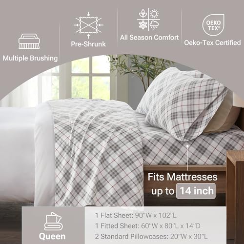 Image of True North by Sleep Philosophy Cozy Flannel Warm 100% Cotton Sheet - Novelty Print Animals Stars Cute Ultra Soft Cold Weather Bedding Set, Queen, Red Plaid 4 Piece
