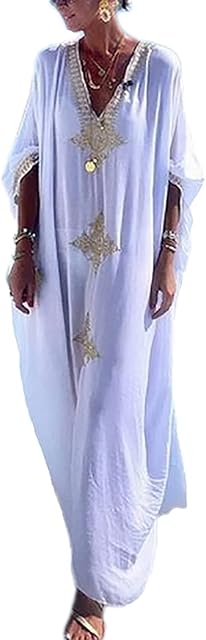 Bsubseach Women Embroidery Short Sleeve Bikini Swimsuit Cover Up Side Split Beach Kaftan Dress