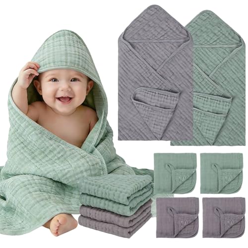 Image of Flasoo 6 Pcs Muslin Hooded Baby Bath Towels Sets - 2 Pack 100% Cotton Baby Towel & 4 Pack Muslin Washclothes- 32x32Inch Baby Towels Cotton for Babies, Infants, Toddlers, 100% Cotton, Bath Essentials