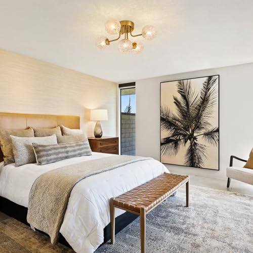 Image of Sputnik Semi Flush Mount Ceiling Light Mid Century Modern Gold Ceiling Light 5 Lights Clear Glass Globe Chandelier for Bedroom Kitchen Entryway Closet