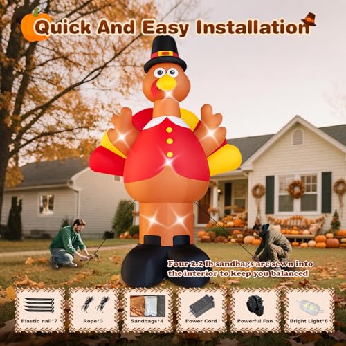 15FT Giant Thanksgiving Inflatables Turkey Outdoor Decorations Fall Inflatable Turkey with Built-in LED Lights with Hat Blow up Outdoor Lawn by LOVTILAK - Image 4
