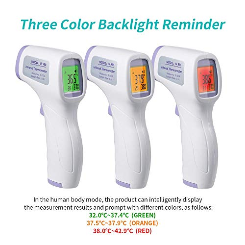 IR Infrared Digital Non-Contact Thermometer Gun with Three Color LCD Screen for Adult and Baby Forehead, Ear and Body Temperature with Fever Alarm and Memory Function