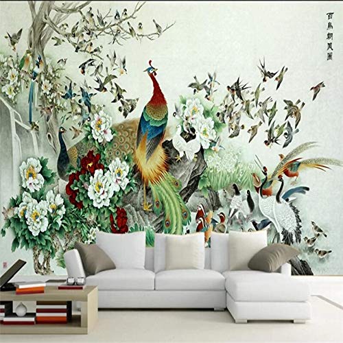 Xzcwwh Hundred Birds Toward The Phoenix Figure Strokes Chinese Tv Sofa Background Wall Custom Large Mural Green Wallpaper Poster Wall Sticker Door Sticker,90Cm(W)×50Cm(H) #TOP1