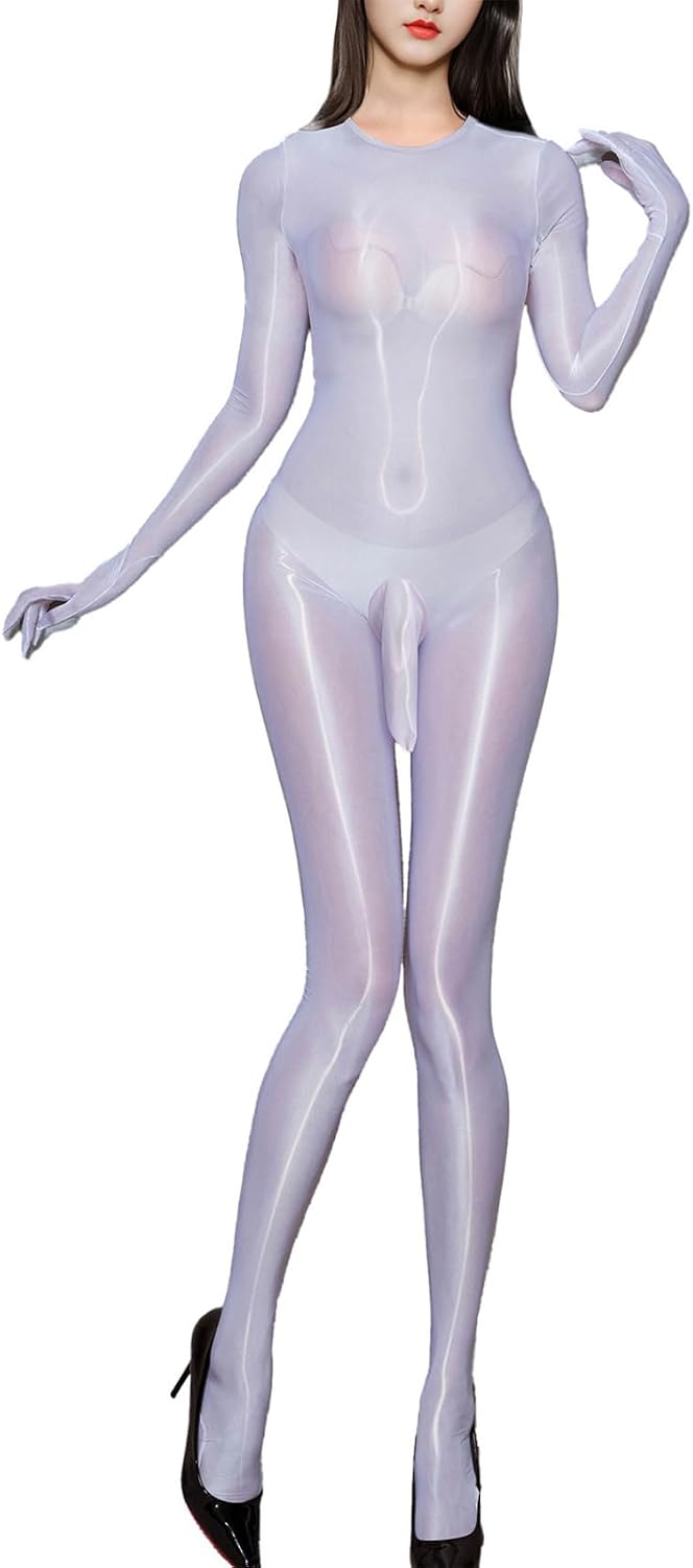 Men's Glossy See Through Full-Body Catsuit Gloved Sleeve Sheath Crotch Footed Zipper Unitard