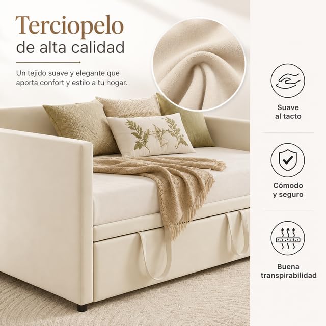 Sofá Cama Extensible 90x200/180x200 cm, Sofá Convertible Tapizado de Terciopelo, Sofá Cama Doble con Cama Extraíble, Sofá Moderno para Salón, Habitación de Invitados y Espacios Pequeños