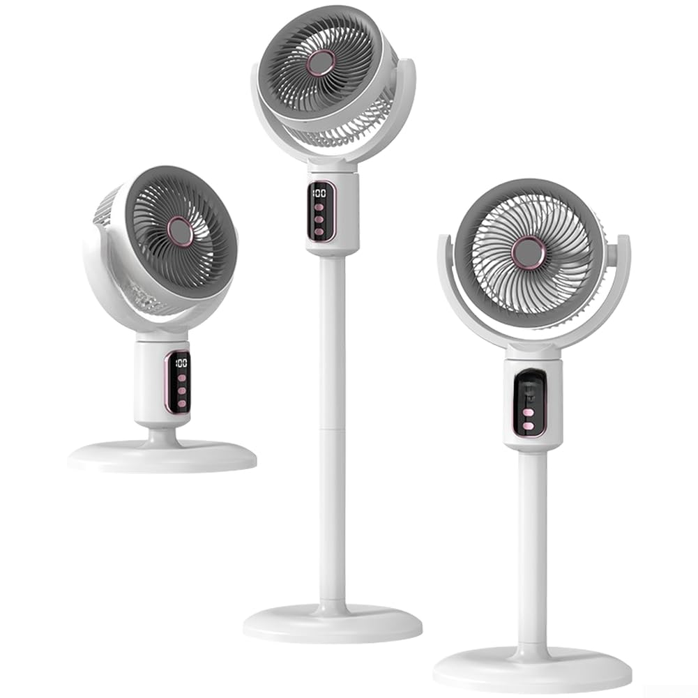 Primevolve Ventilatore da terra oscillante portatile bianco senza fili ricaricabile tramite USB, oscillazione a 180°, con telecomando, silenzioso, motore brushless, circolatore d'aria per casa e