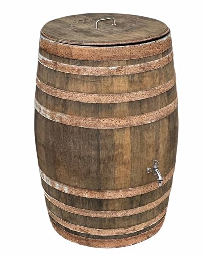 Temesso Regentonne, Regensammler, Weinfass Barrique aus Eiche 225 Liter - rustikal (Regefass offen + Deckel Edelstahl + Wasserhahn