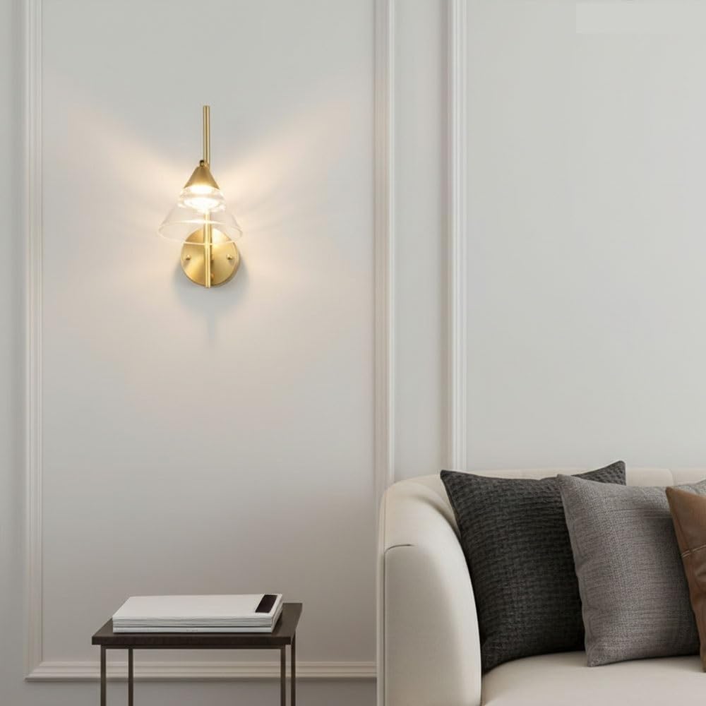 Modern Gold Wall Sconce, Luxury Brass Vanity Lamp with Clear Acrylic Cone Shade, Art Deco LED Mounted Wall Light for Bedroom, Bedside, Living Room, Hallway, Bathroom Mirror Parlor
