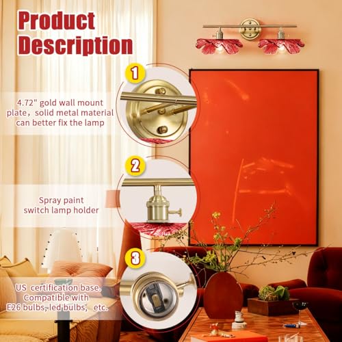 Image of 2-Light Red Floral Wall Sconce Mid Century Antique Gold Bathroom Vanity Light with Metal Base, Wall Lighting Fixture Over Mirror for Living Room Bedroom Hallway
