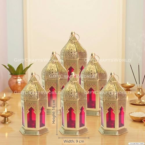 Image of Moroccan Lanterns & Candle Holders for Home Decor - Unique Diwali & Christmas Gifts (Red, Set of 6)