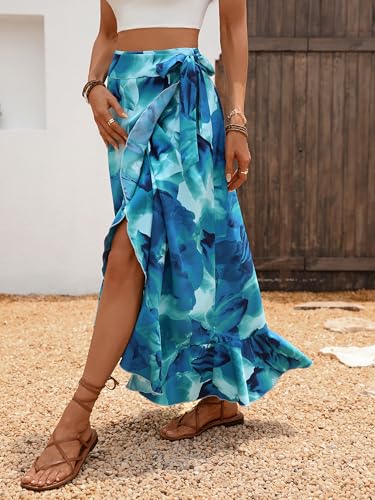 Women's Boho Floral High Waist Maxi Skirt with Knotted Belt Asymmetric Hem Ruffle Flowy Vacation Beach Long Skirt2