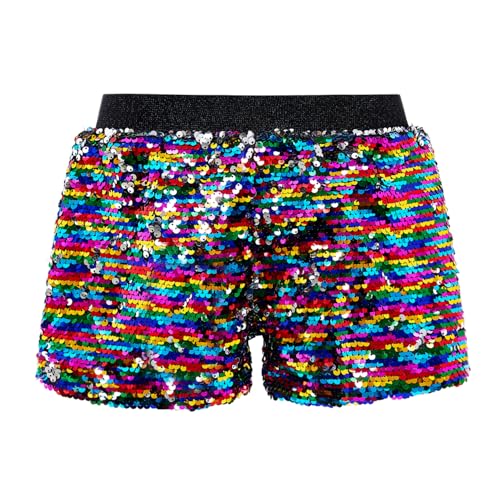 A ARFAR Women Sequin Shorts Summer Sparkly Flip Glitter Short Pants Ladies Shiny Party Birthday Concert Dance Halloween Christmas Clothes Rainbow to Silver XXL