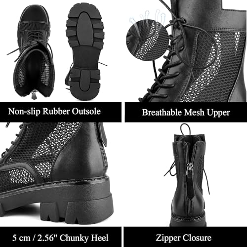 ErikenUrben Women Mesh Combat Boots Platform Lace up Motorcycle Boots Zip2
